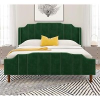 Sha Cerlin Wood Queen Size Bed Frame With Modern Curved Velvet Wingback Headboardheavy Duty Platform Bed With Strong Wood Slat Supportgreen