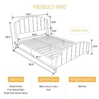 Sha Cerlin Wood Queen Size Bed Frame With Modern Curved Velvet Wingback Headboardheavy Duty Platform Bed With Strong Wood Slat Supportgreen