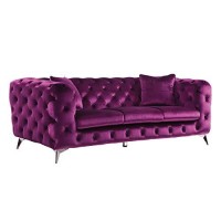 Benjara Chesterfield Design Fabric Sofa With Track Arms And Metal Legs, Purple