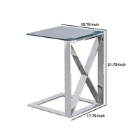 Benjara 22 Inch Metal X Frame Glass Top Side Table, Silver