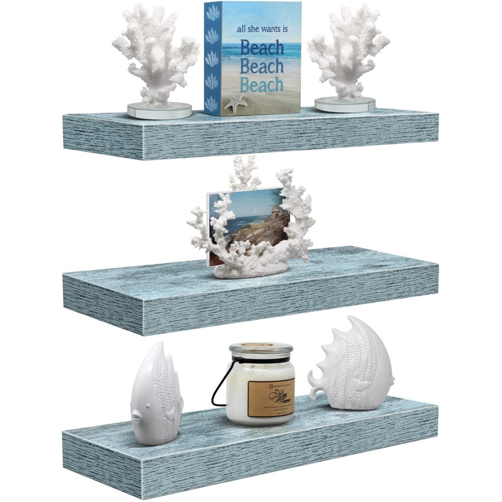 Sorbus Floating Shelf Set - Rustic Wood Coastal Beach Style Hanging Rectangle Wall Shelves For Home Decor, Trophy Display, Photo Frames, Etc. (Blue, 3 Pack)