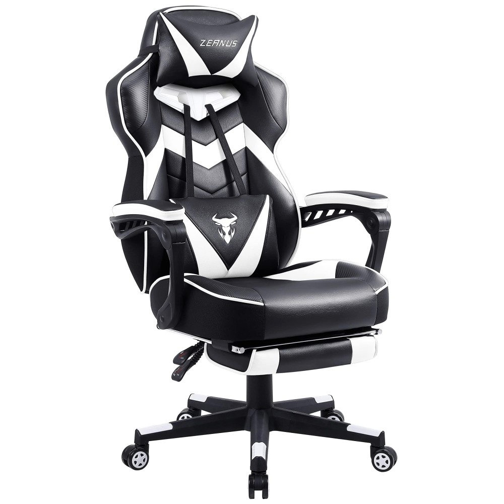 Zeanus Ergonomic Gaming Computer Chair, Recliner Computer Chair With Footrest, Office Gamer Chair With Massage, Big And Tall Racing Chair, Gaming Chairs For Adults, High Back Gaming Desk Chair White