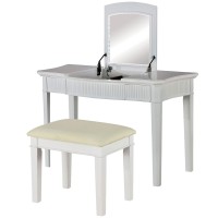 Benjara Transitional 2 Piece Wooden Vanity Table And Stool With 2 Drawers, White