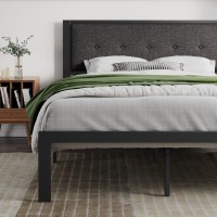 Sha Cerlin Full Size Bed Frame With Upholstered Headboard, Platform Bed Frame With Metal Slats, Button Tufted Square Stitched Headboard, Noise Free, No Box Spring Needed, Easy Assembly, Dark Grey