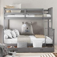 Harper & Bright Designs Bunk Bed With Drawers, Twin Over Full Bunk Bed, Solid Wood Bunk Bed Frame With Ladders & 2 Storage Drawers, Bedroom Furniture(Gery, Twinfull With Drawers)