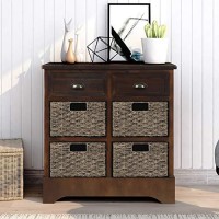 P Purlove Storage Chest Retro Style Storage Cabinet Storage Unit With 2 Wood Drawers And 4 Wicker Baskets For Home Kitchen Entryway Living Room (Espresso)