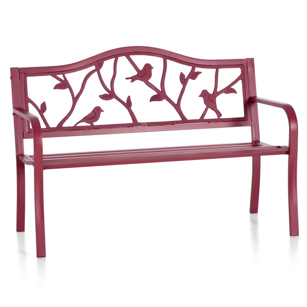 Phi Villa Outdoor Patio 50 Metal Park Bench Red, Steel Frame Bench With Backrest And Armrests For Porch, Patio, Garden, Lawn, Balcony, Red Bird