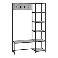Monarch Specialties 3-In-1 Hall Tree Frame-8 Hooks & 5 Storage Shelves-For Entryway Or Hallway-Coat Rack With Bench, 72 H, Grey/Black Metal