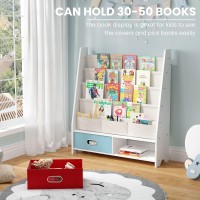 Seirione Kids Book Shelf, Children Display Rack, 4 Sling And 2 Storage Boxes For Toys Organizer, White