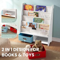 Seirione Kids Book Shelf, Children Display Rack, 4 Sling And 2 Storage Boxes For Toys Organizer, White