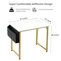 Lufeiya Small Computer Desk White Writing Table For Home Office Small Spaces 31 Inch Modern Student Study Laptop Pc Desks With Gold Legs Storage Bag Headphone Hook,White Gold
