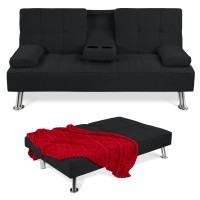 Best Choice Products Linen Upholstered Modern Convertible Folding Futon Sofa Bed For Compact Living Space Apartment Dorm Bonus Room Wremovable Armrests Metal Legs 2 Cupholders - Black