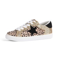 Party Women'S Fashion Star Sneaker Lace Up Low Top Comfortable Cushioned Walking Shoes, Myles-Cheetah Glitter-7.5