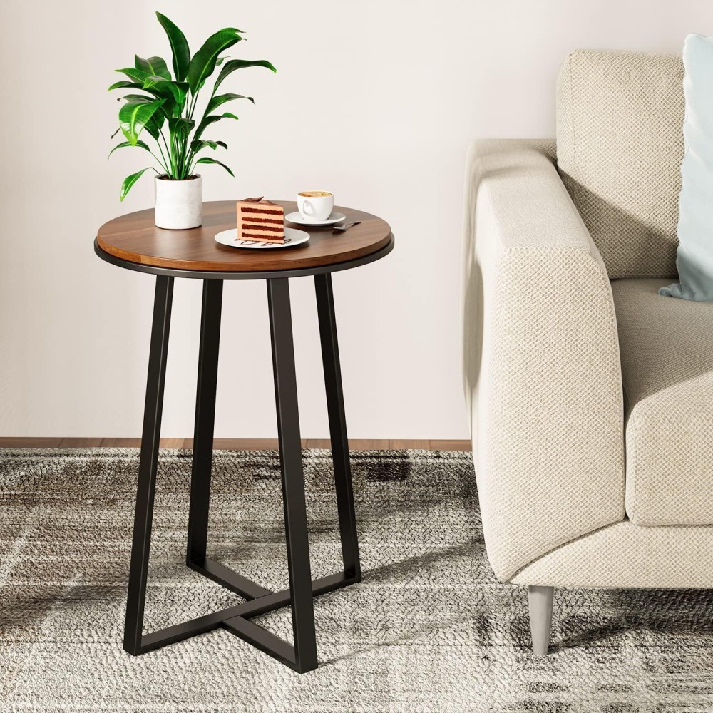 Dorriss Round Small End Table Walnut Color Mdf Top,Metal Frame Black, Tall End Table For Bed Room,Coffee Tea End Table For Living Room(Walnut+Black)