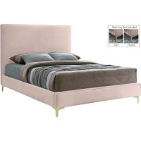 Meridian Furniture Geri Collection Modern Contemporary Velvet Upholstered Bed With Piping On Headboard And Foorboard In Gold Or Chrome Finish, Queen, Pink