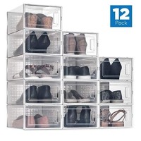 Seseno 12 Pack Shoe Storage Boxes, Clear Plastic Stackable Shoe Organizer Bins, Drawer Type Front Opening Shoe Holder Containers