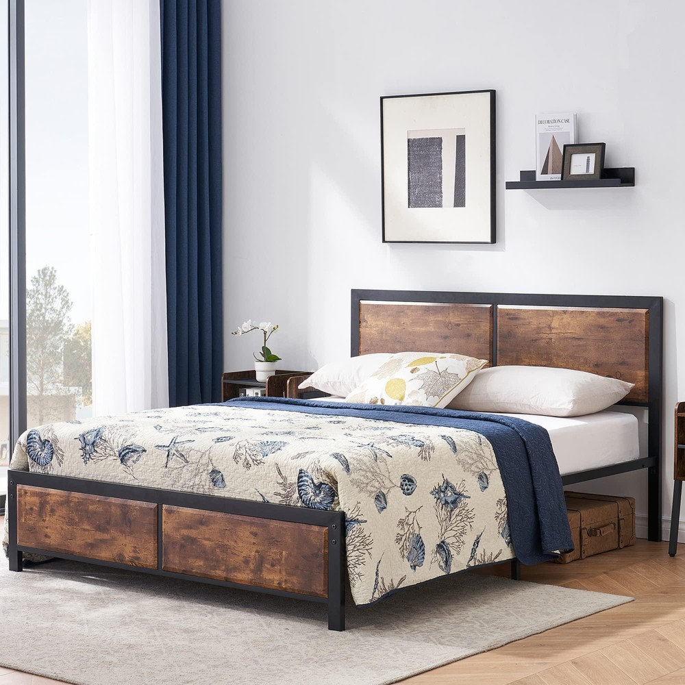 Vecelo Queen Platform Bed Frame With Rustic Vintage Wood Headboard, Mattress Foundation, Strong Metal Slats Support, No Box Spring Needed