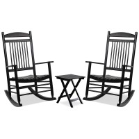 Mupater Outdoor Rocking Chair Set 3-Piece Patio Wooden Rocker Bistro Set With Foldable Table And Curved Seat, Black