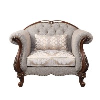 Acme Miyeon Fabric Button Tufted Chair With 1 Pillow In Gray And Cherry
