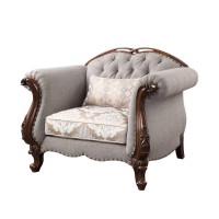 Acme Miyeon Fabric Button Tufted Chair With 1 Pillow In Gray And Cherry