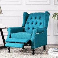 Altrobene Pushback Recliner Chair, Modern Accent Arm Chair, Fabric Wingback Chair For Living Room Bedroom, Blue