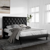 Sha Cerlin Full Size Platform Bed Frame With Button Tufted Headboard, Faux Leather Upholstered Mattress Foundation, Wooden Slat Support, No Box Spring Needed, Black