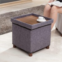 15 Inches Storage Ottoman With Wooden Legs Cube Foot Rest Stool, Square Footstool Storage, Ottoman With Storage For Living Room, Foldable Fabric Ottoman, Comfortable Seat With Lid, Space-Saving Grey