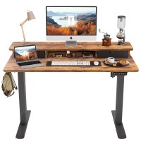 Fezibo Height Adjustable Electric Standing Desk With Double Drawer, 48 X 24 Inch Table With Storage Shelf, Sit Stand Desk With Splice Board, Black Framerustic Brown Top, 48 Inch