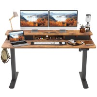 Fezibo 55X24 Height Adjustable Electric Standing Desk With Double Drawer, 55 X 24 Inch Stand Up Table With Storage Shelf, Sit Stand Desk With Splice Board, Black Frame/Rustic Brown Top