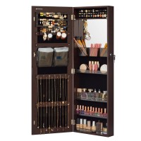 Songmics Jewelry Cabinet Armoire With Mirror, Wall/Door Mount Storage Organizer With Full-Length Frameless Mirror, Lockable Cabinet With Built-In Small Mirror, Shelves, Gift Idea, Brown Ujjc003K01