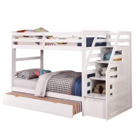 Benjara 4 Pull Down Storage Wooden Twin Bunk Bed With Staircase, White