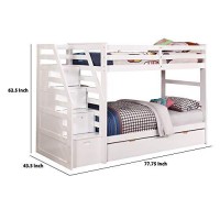 Benjara 4 Pull Down Storage Wooden Twin Bunk Bed With Staircase, White