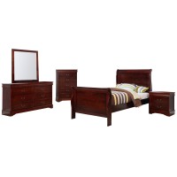 Benjara Twin Size Sleigh Wooden 5 Piece Bedroom Set, Brown