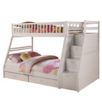 Benjara 2 Drawer Wooden Twin Over Full Bunk Bed With Storage Staircase, White