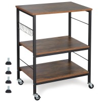 Nightstands, Industrial Microwave Oven Stand Kitchen Bakers Rack End Table 3 Tier Storage Shelf With 10 Hooks For Living Room, Kitchen, Bathroom, Cafe(Rustic Brown)