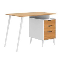 The Urban Port Wooden Office Computer Desk With Angled Legs And Attached File Cabinet, White And Brown