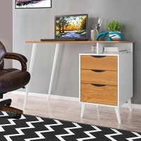 The Urban Port Wooden Office Computer Desk With Angled Legs And Attached File Cabinet, White And Brown