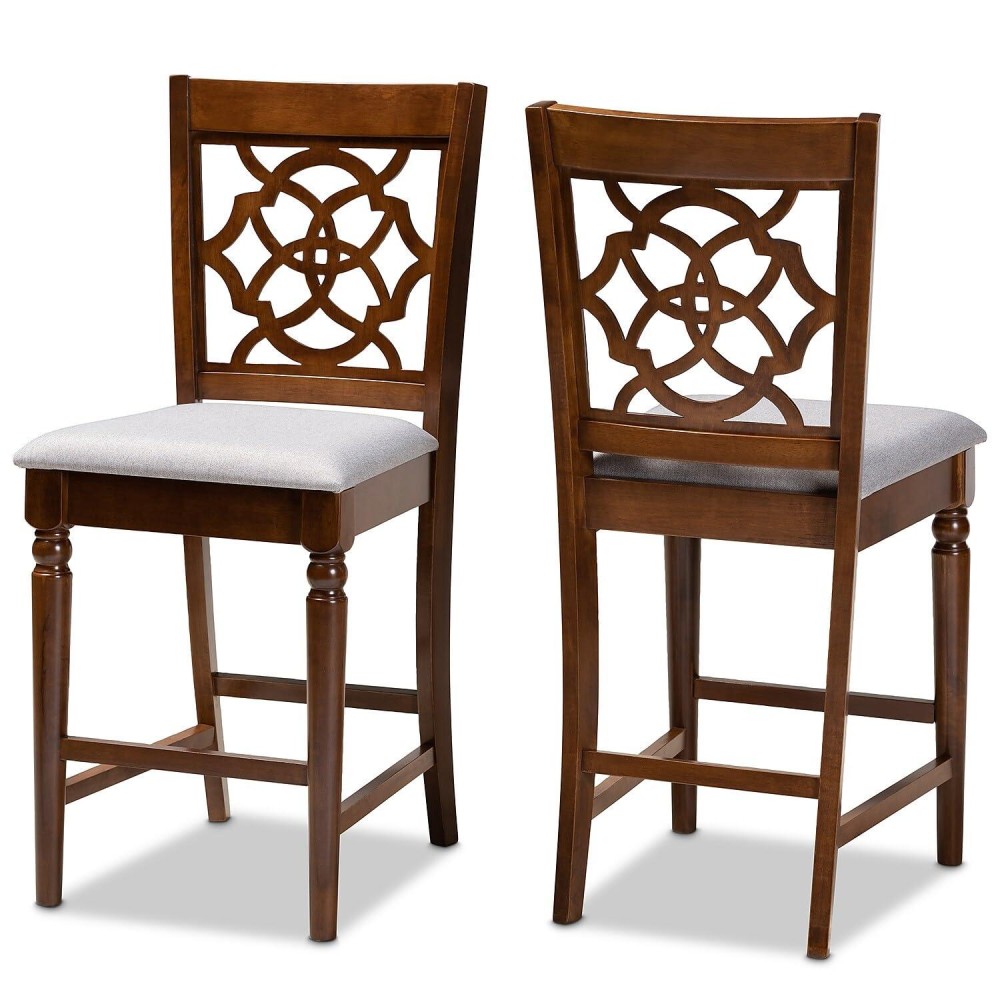 Baxton Studio Oscar Modern And Contemporary Grey Fabric Upholstered And Walnut Brown Finished Wood 2-Piece Counter Height Pub Chair Set