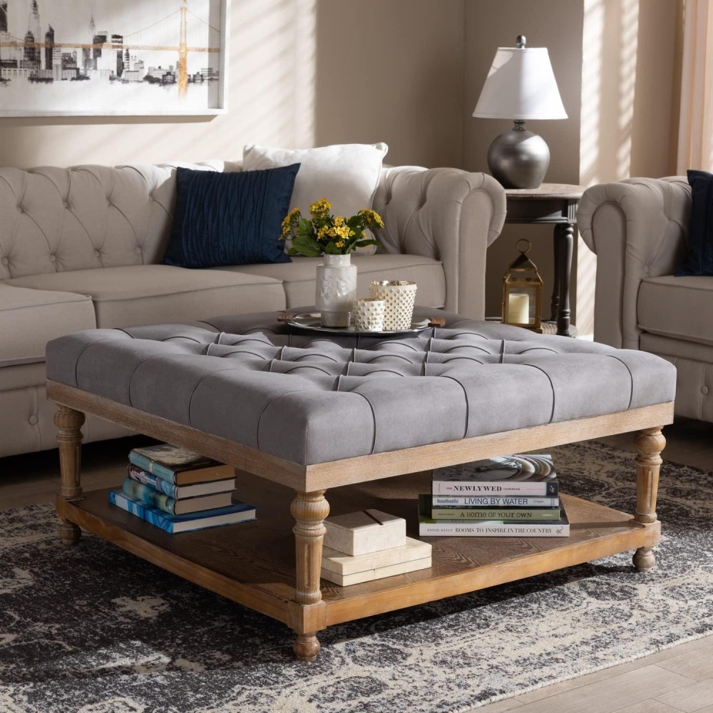 Baxton Studio Kelly Modern And Rustic Grey Linen Fabric Upholstered And Greywashed Wood Cocktail Ottoman