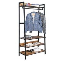 Jjs 33 Wide Entryway Coat Rack, Industrial Rustic Hall Tree Shoe Bench With Storage Shelves For Hallway, Wood Look Accent Furniture With Metal Frame, Rustic Brown