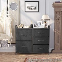 Cubiker Dresser For Bedroom With 5 Drawers, Wide Chest Of Drawers, Organizer Unit With Fabric Bins For Bedroom, Hallway, Entryway, Closets, Wood Top, Black Grey