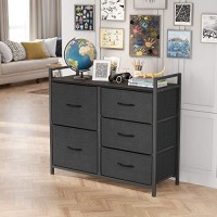 Cubiker Dresser For Bedroom With 5 Drawers, Wide Chest Of Drawers, Organizer Unit With Fabric Bins For Bedroom, Hallway, Entryway, Closets, Wood Top, Black Grey