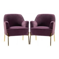 Velvet Accent Chair Upholstered Velvet Armchair Mid Century Modern Chair With Gold Metal Legs Tufted Accent Chairs Comfy Reading Chair Arm Chair For Living Room Bedroom (Set Of 2 Purple)