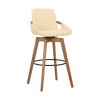 Armen Living Baylor Swivel Wood Bar Or Counter Height Stool In Faux Leather, Cream/Walnut, 30 Bar Height