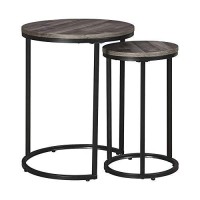 Benjara Round Wooden Top Metal Accent Table, Set Of 2, Gray And Black