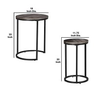 Benjara Round Wooden Top Metal Accent Table, Set Of 2, Gray And Black