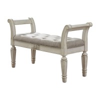 Benjara 46 Inches Tufted Fabric Padded Wooden Accent Bench White