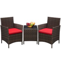 Greesum 3 Pieces Patio Furniture Pe Rattan Wicker Chair Conversation Set, Brown And Red