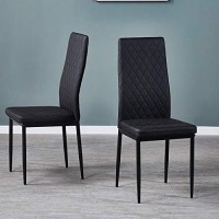 Set Of 6 Leather Dining Chairs Set, With Upholstered Cushion & High Back, Powder Coated Metal Legs, Rhombus Pattern Seats, Household Home Kitchen Living Room Bedroom (Black)