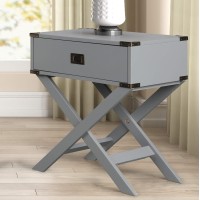 Roundhill Furniture Trava X-Cross Base Wood End Table With Drawer, Gray